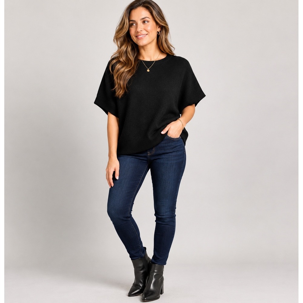 The Reset Wool Short Sleeve Sweater Womens S/M Black Dolman Crew Neck Knit Top